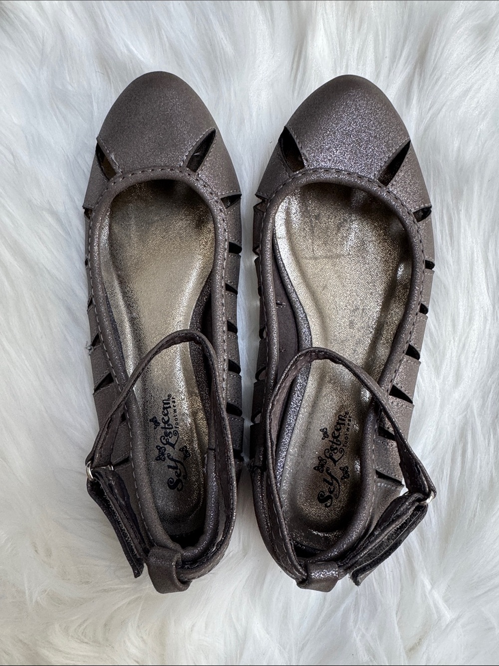 Self Esteem Metallic Cutout Ballet Flats with Ankle Strap